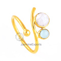 Designer Rainbow Moonstone e Aqua Calcedônia Gemstone Silver Ring, Jóia De Anel De Prata De Ouro 18k